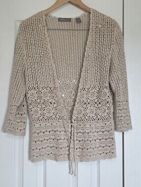 Valerie Separates Silk & Cotton Beige Crochet Openwork Cardigan Sweater